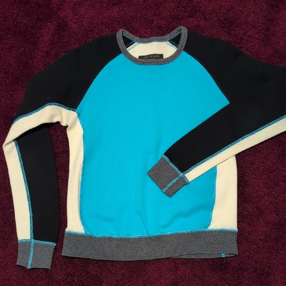 Rag & bone Turquoise, Black & Cream Colorblock Crewneck Sweater